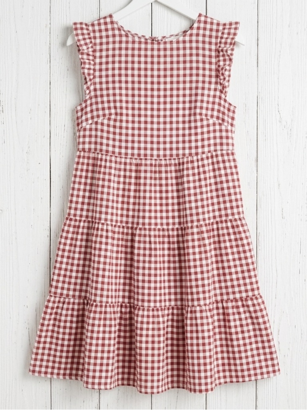 Kirundo Red Gingham Tiered Flutter Sleeve Mini Dress S Casual Picnic Sundress